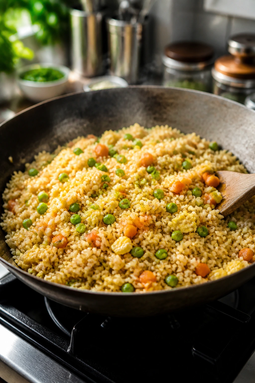 Close-up of egg fried rice with peas and scallions in a wok