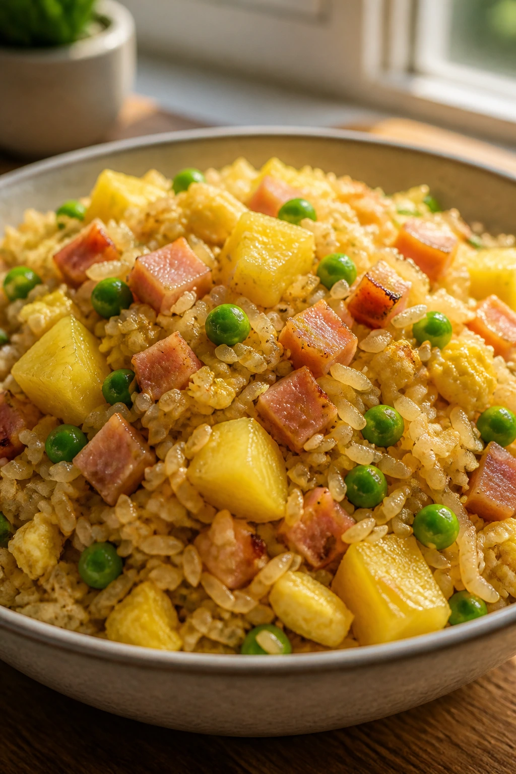 Bright fried rice with ham and pineapple in a bowl