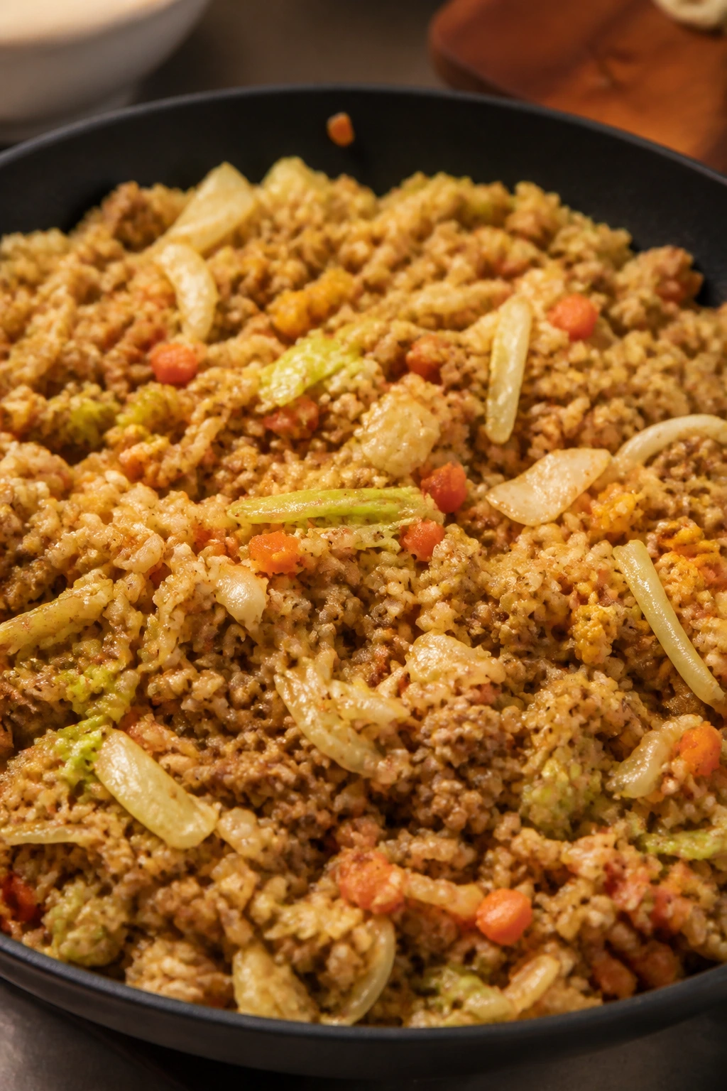 Close-up fried rice with pork and cabbage in a pan.