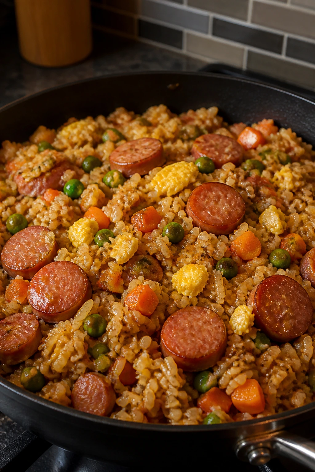 Skillet of smoked sausage fried rice with eggs and vegetables