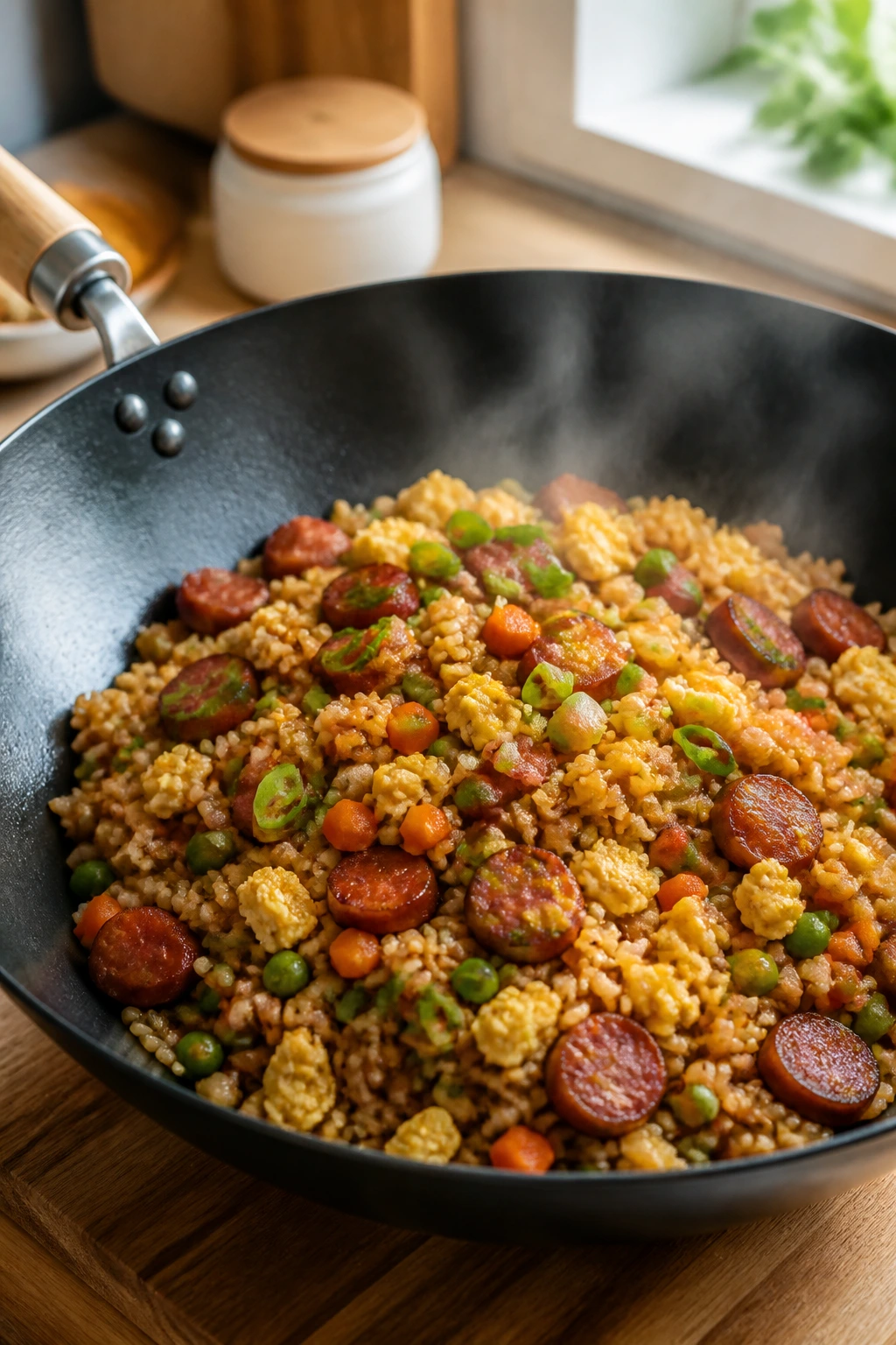 Sausage fried rice in a wok with sausage, eggs, and vegetables