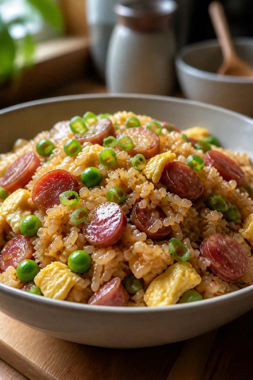 Close-up of egg fried rice with Chinese sausage in a bowl, with peas and scallions