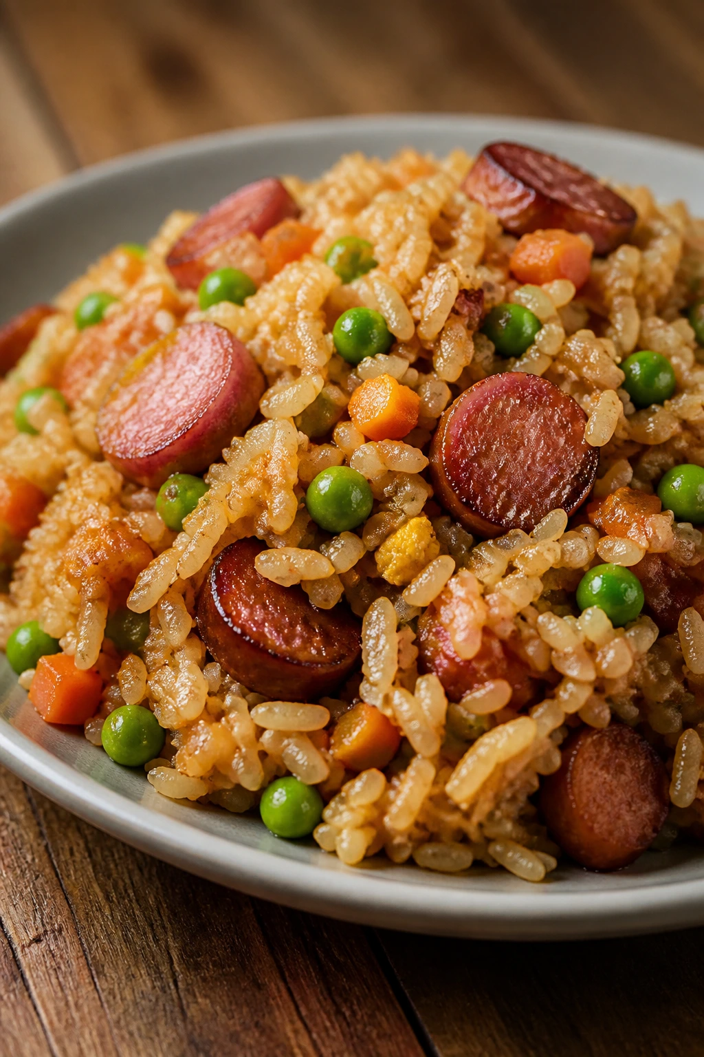 Fried rice with sausage on a plate