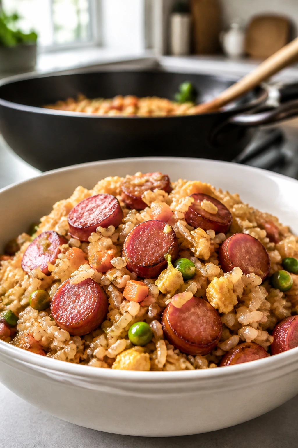 Fried rice with sausage, peas, carrots, and egg in a bowl.