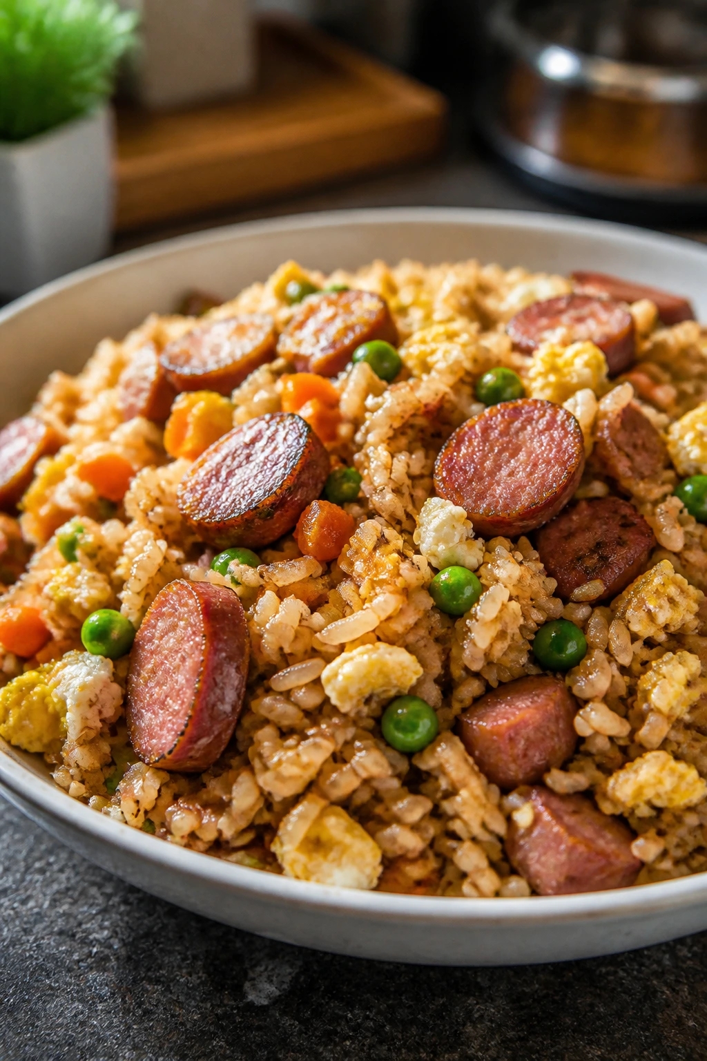 Bowl of smoked sausage fried rice with peas and carrots