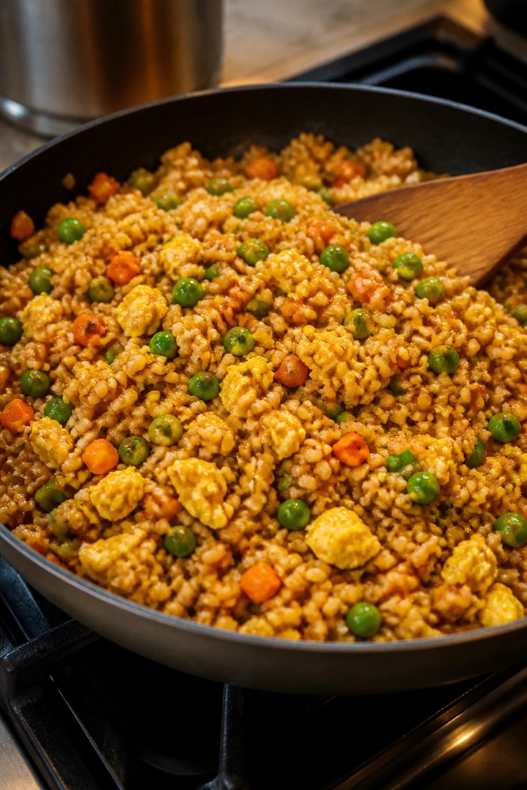 Close-up fried rice with eggs and peas glazed in teriyaki