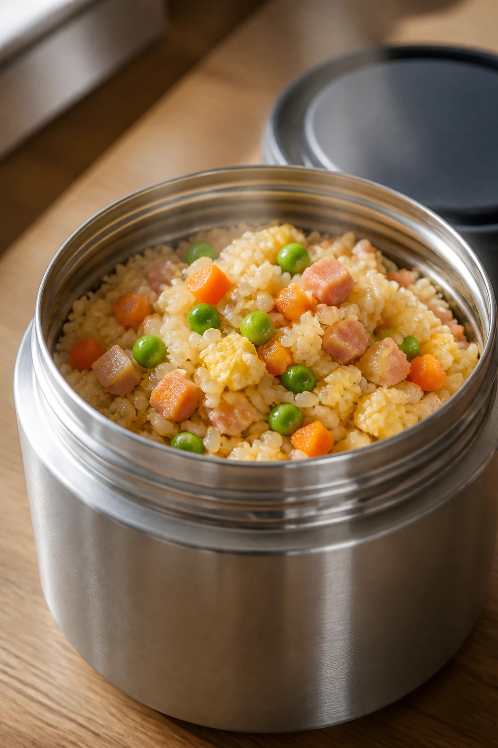 Close-up of veggie fried rice in a thermos bowl on a kitchen counter
