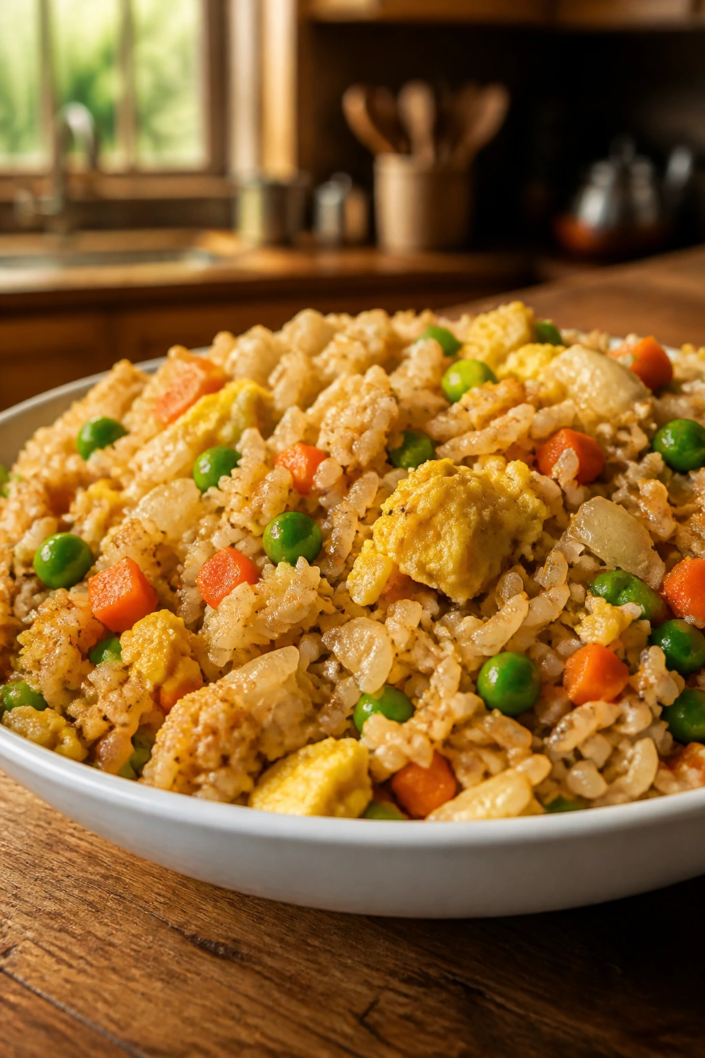 Close-up of veggie fried rice with egg in a white bowl on wooden counter