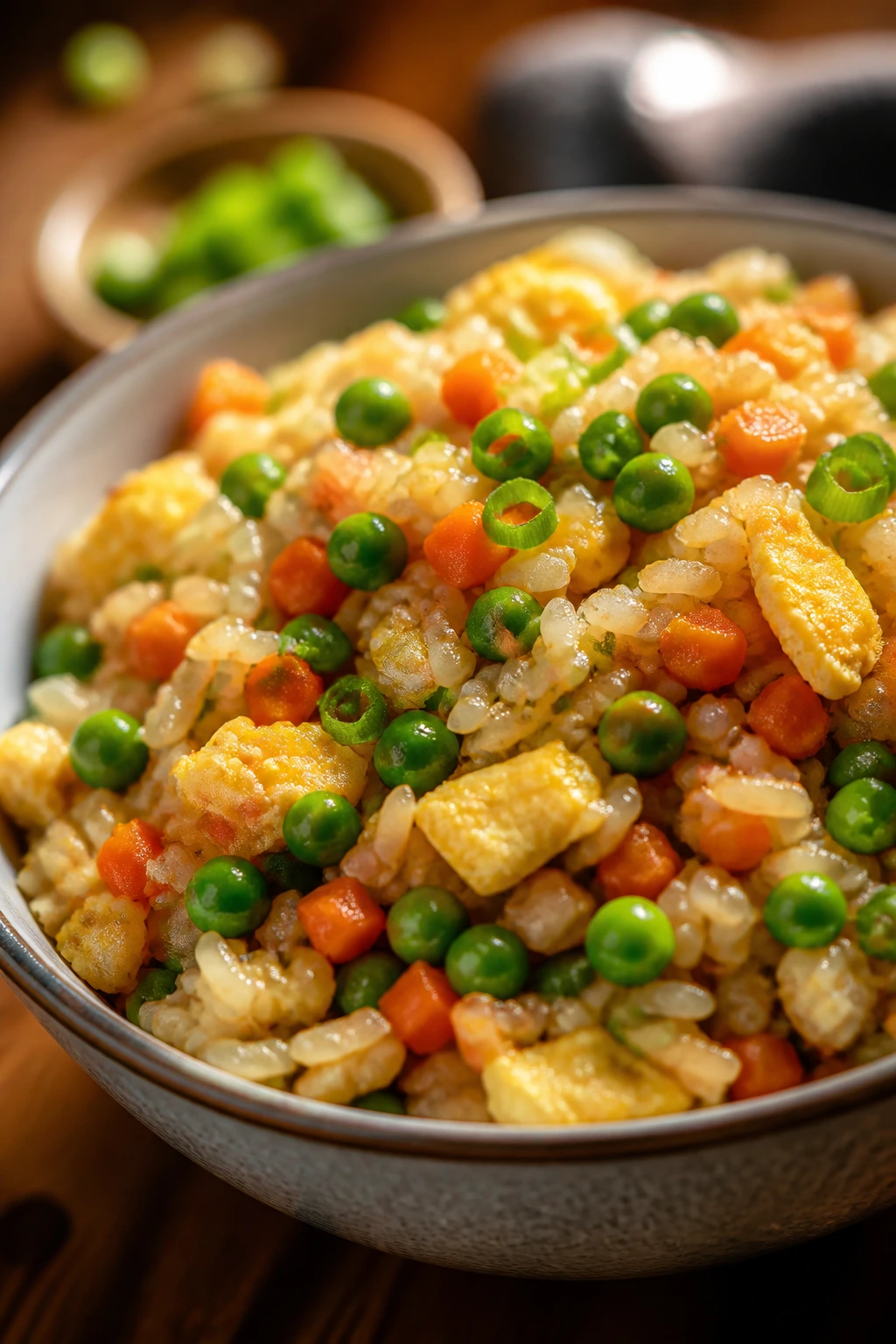 Close-up of veggie-packed fried rice in a steaming bowl with peas, carrots, and scallions.