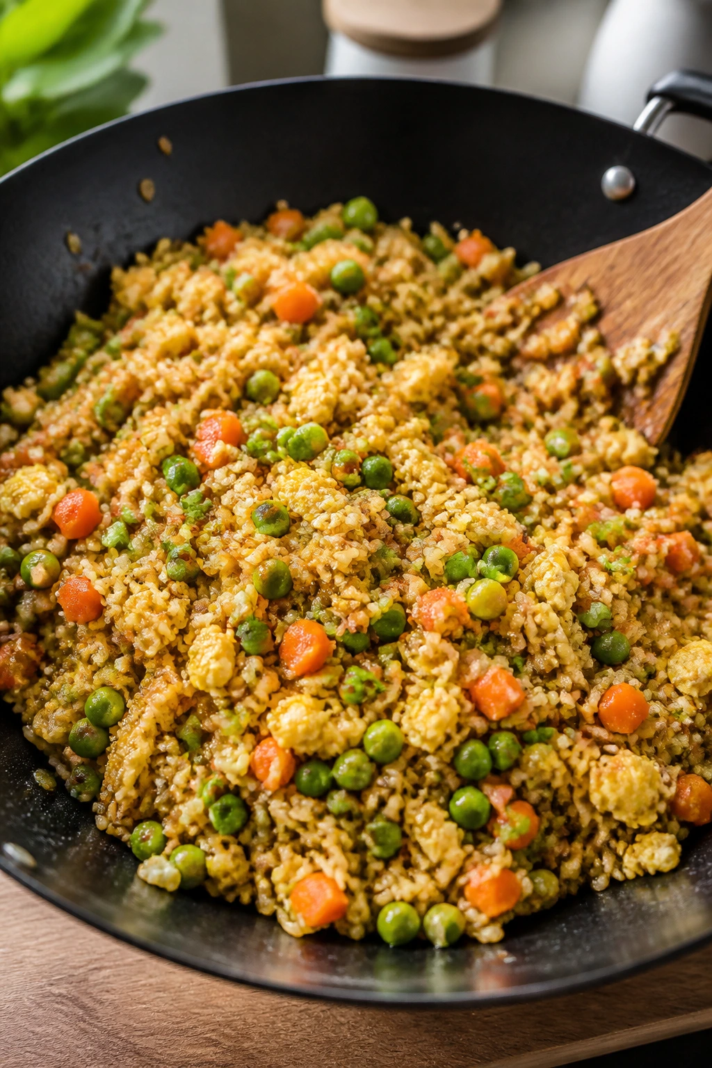 Close-up of veggie fried rice in a wok with peas, carrots and eggs