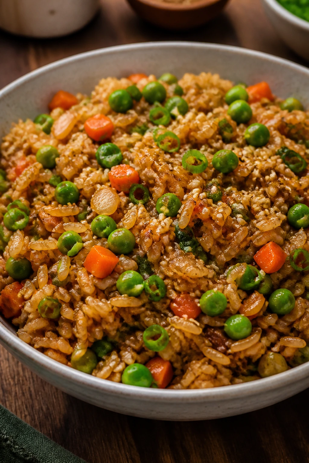 Bowl of veggie fried rice with peas, carrots, and scallions in a glossy glaze