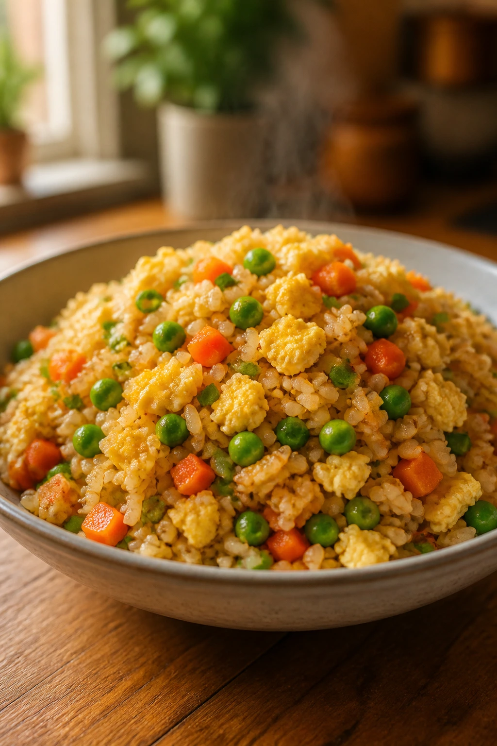 Steaming veggie fried rice with egg in a bowl on a wooden table