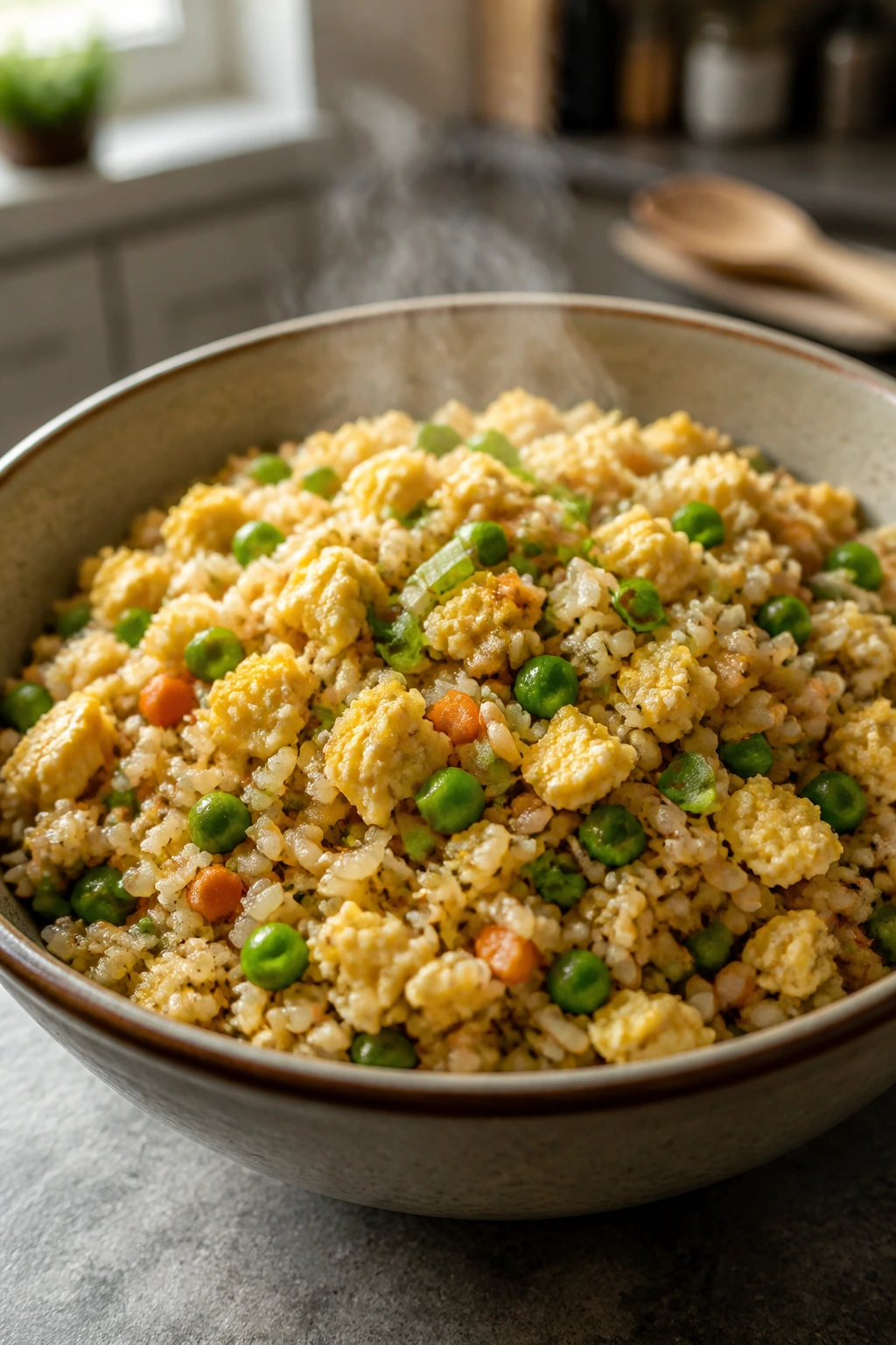 Close-up of veggie fried rice with scrambled egg in a bowl
