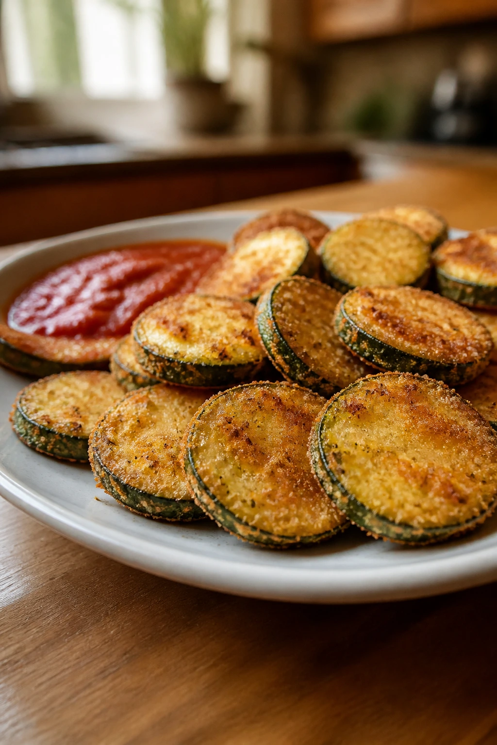 Crispy fried zucchini coins on a plate with a hint of marinara