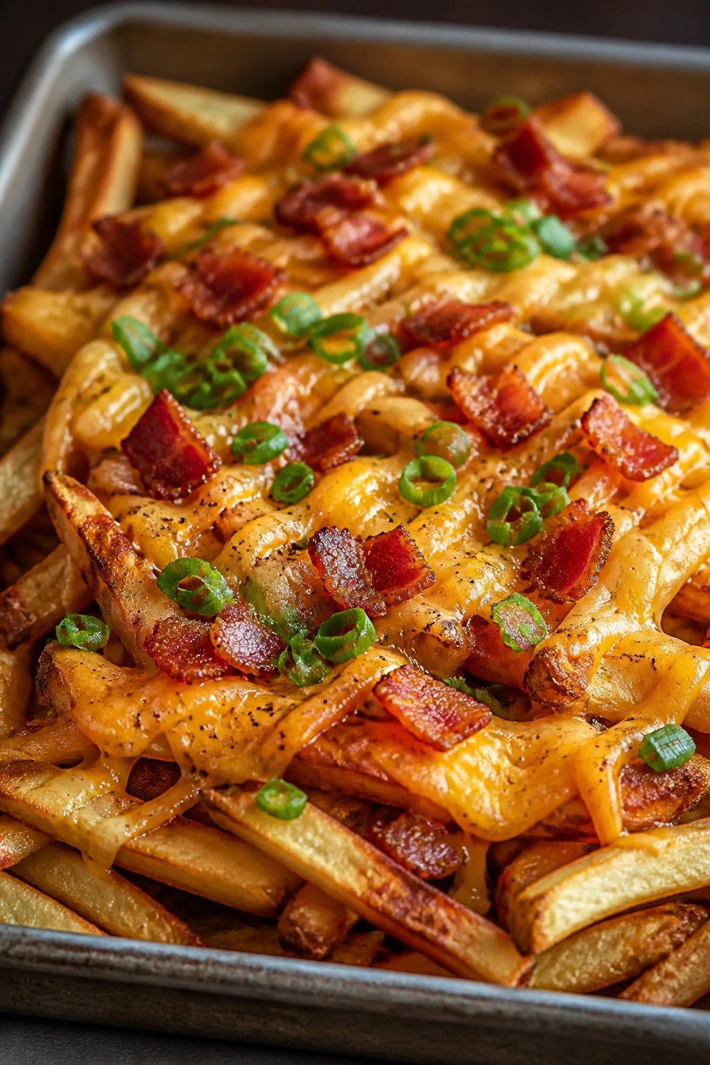 Close-up of loaded fries with cheese, bacon, and green onions on a baking sheet