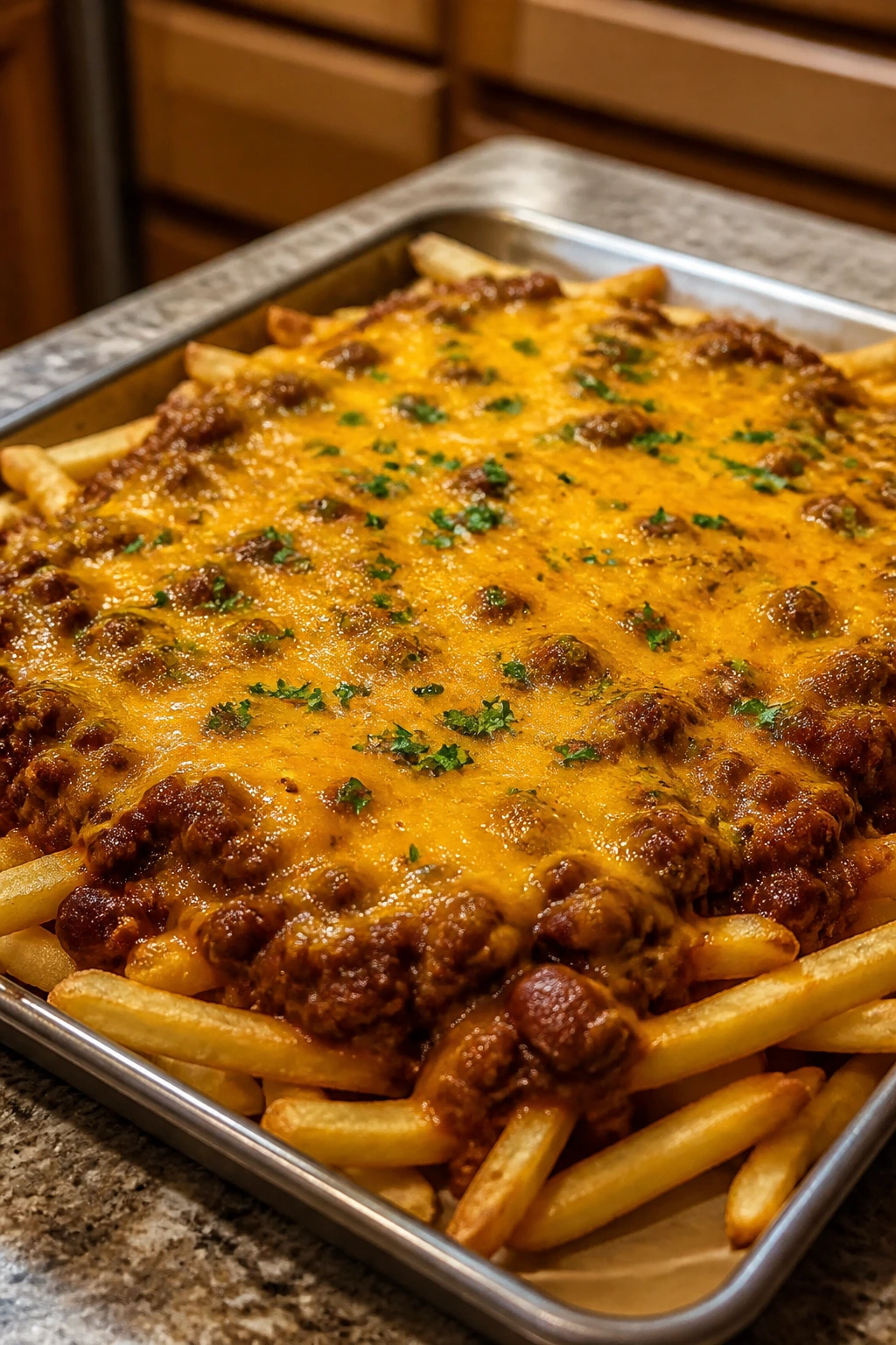 Fries with thick chili and melted cheese on a serving tray