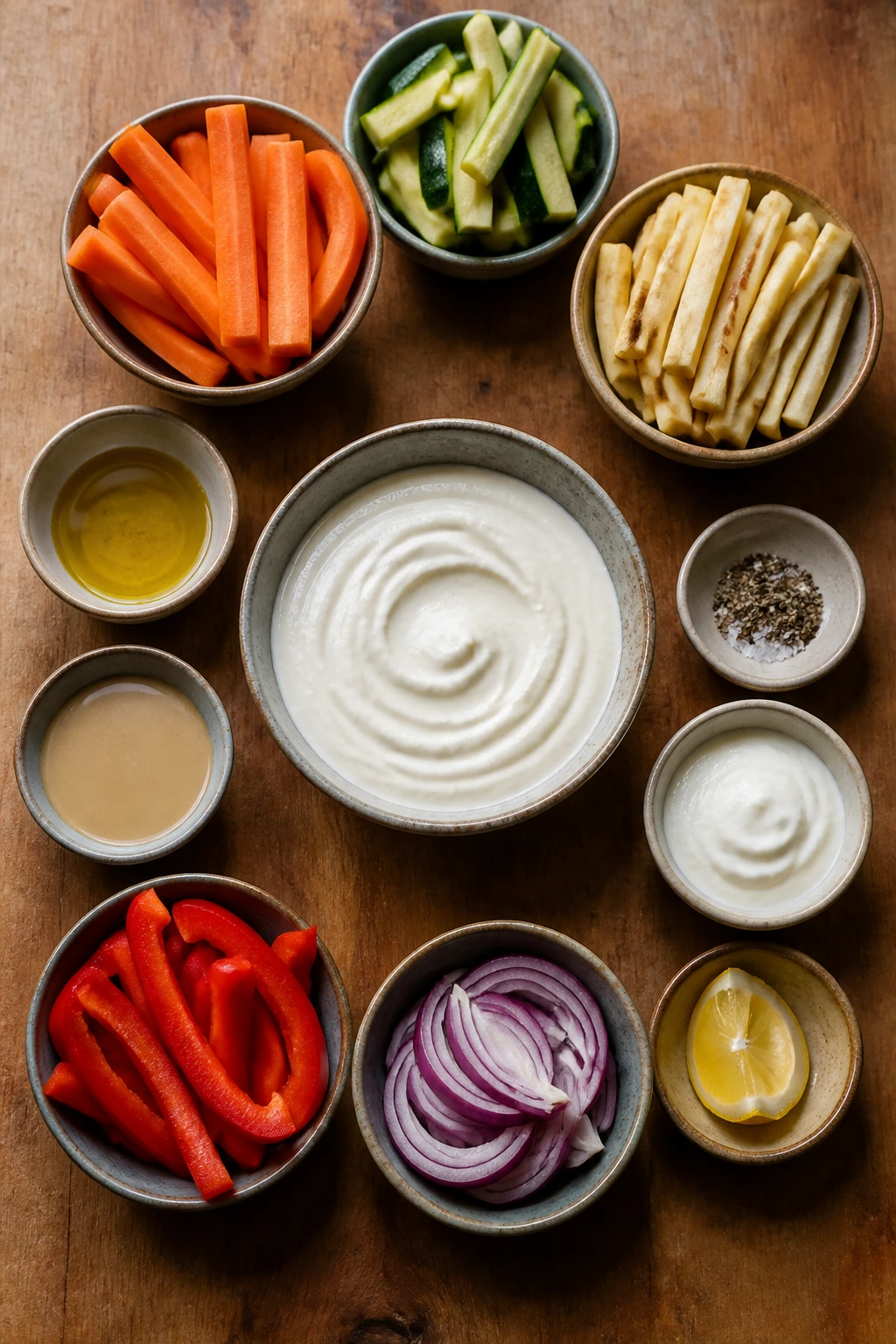 Overhead view of ingredients for fries and dip in bowls
