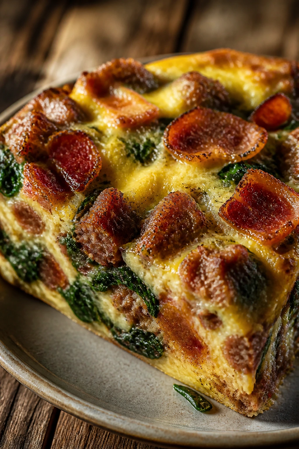 Close-up of a sausage bacon spinach frittata wedge on a plate
