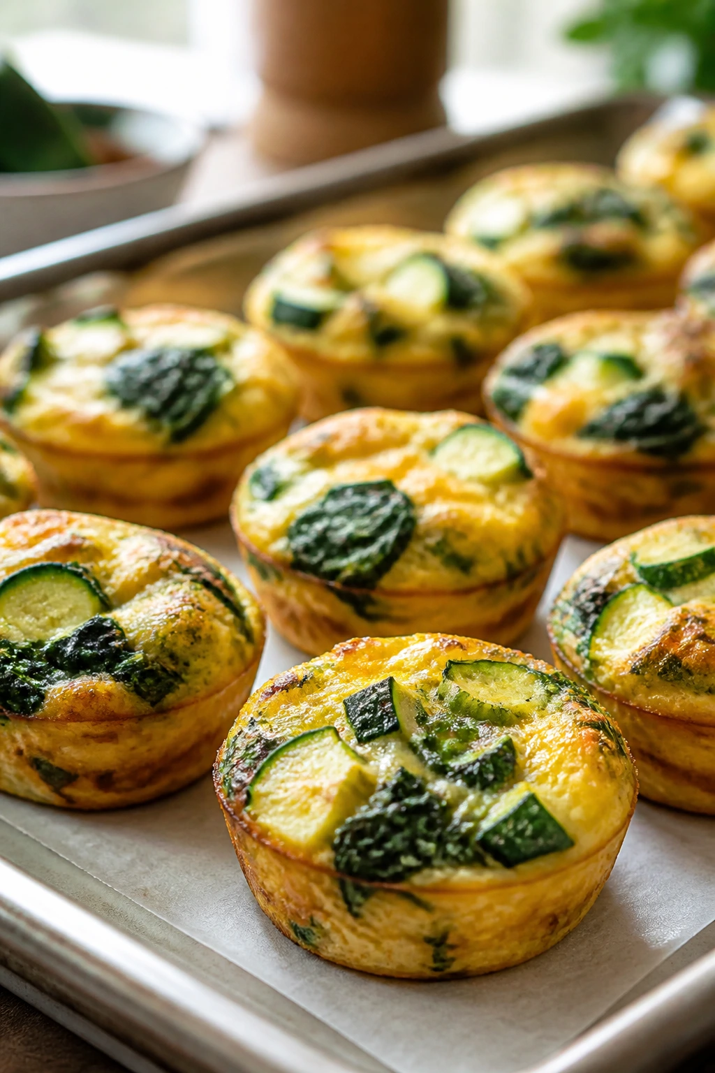 Close-up of mini frittata bites on parchment in a sunny kitchen