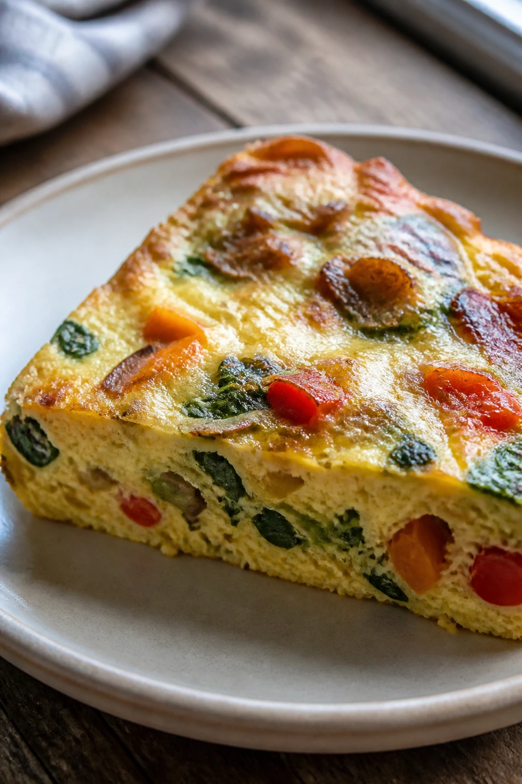 Frittata wedge on plate with eggs, cheese and vegetables