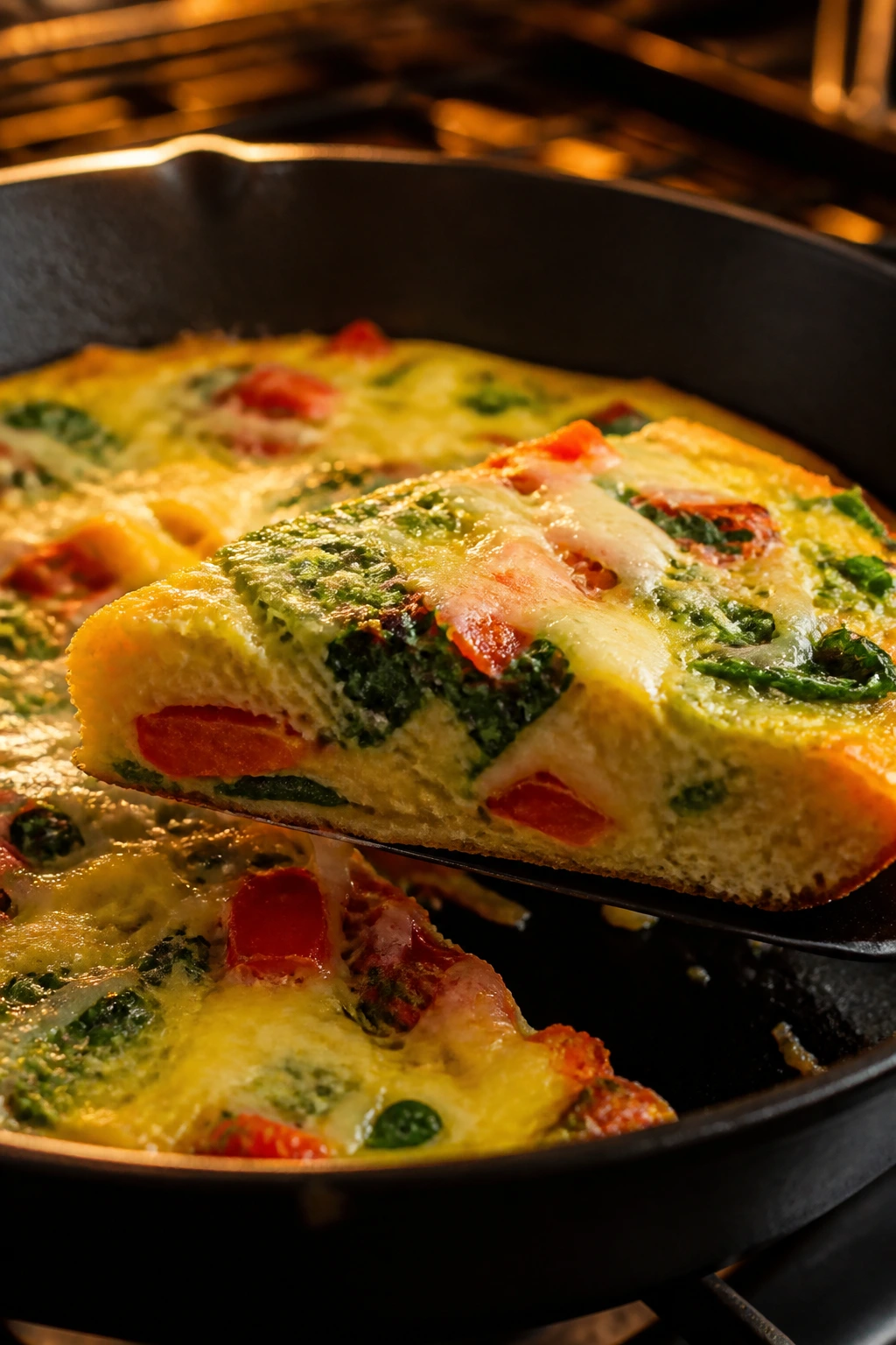 Close-up of veggie frittata wedge in a cast-iron skillet