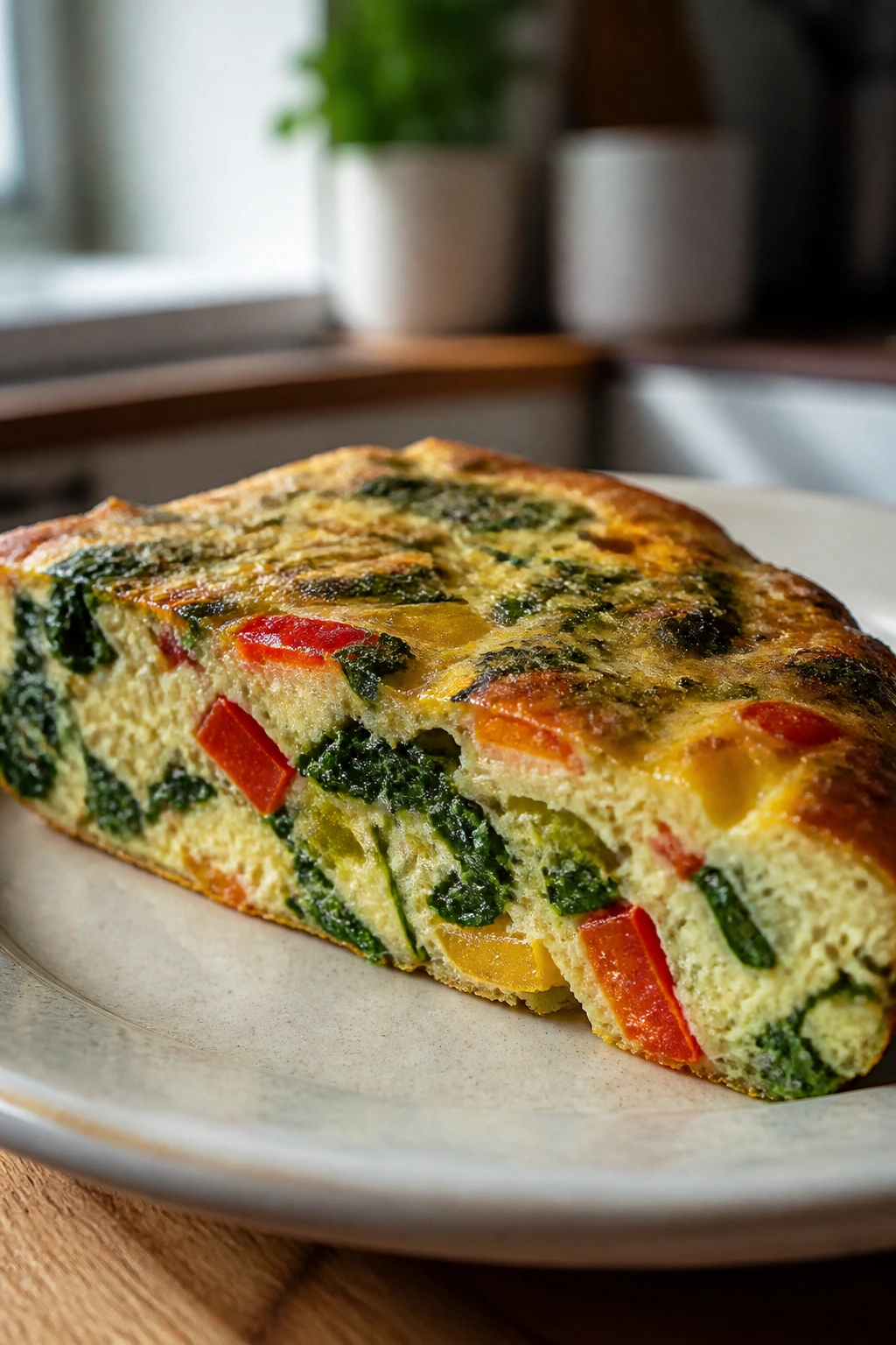 Slice of veggie frittata with spinach and peppers