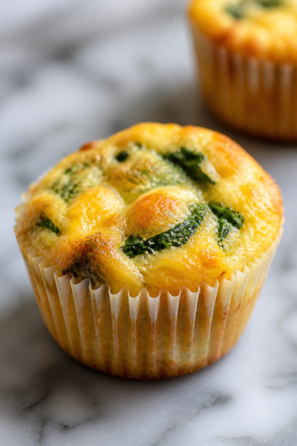Close-up of a Mini Frittata Muffin in a paper cup.