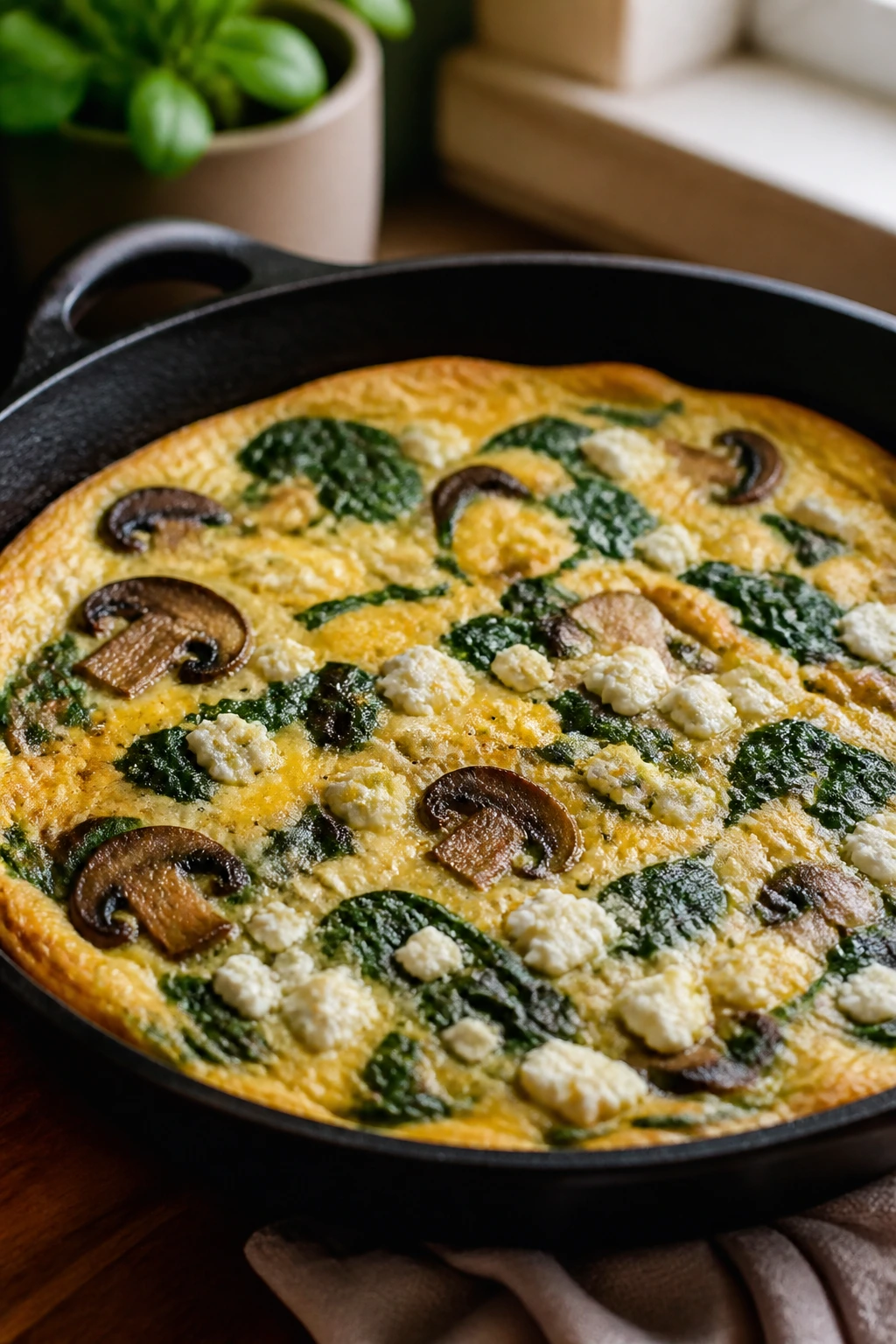 Close-up of a mushroom spinach frittata in a skillet with mushrooms and spinach visible