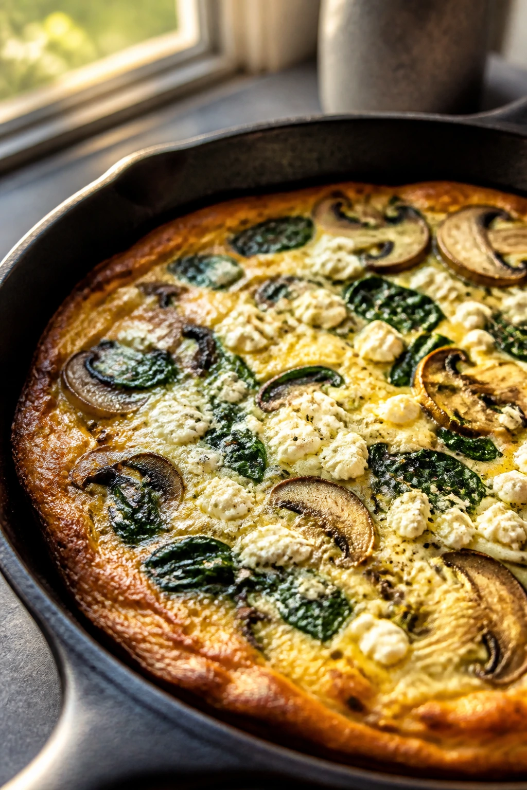 Close-up of Mushroom and Spinach Frittata in cast-iron skillet with mushrooms and spinach