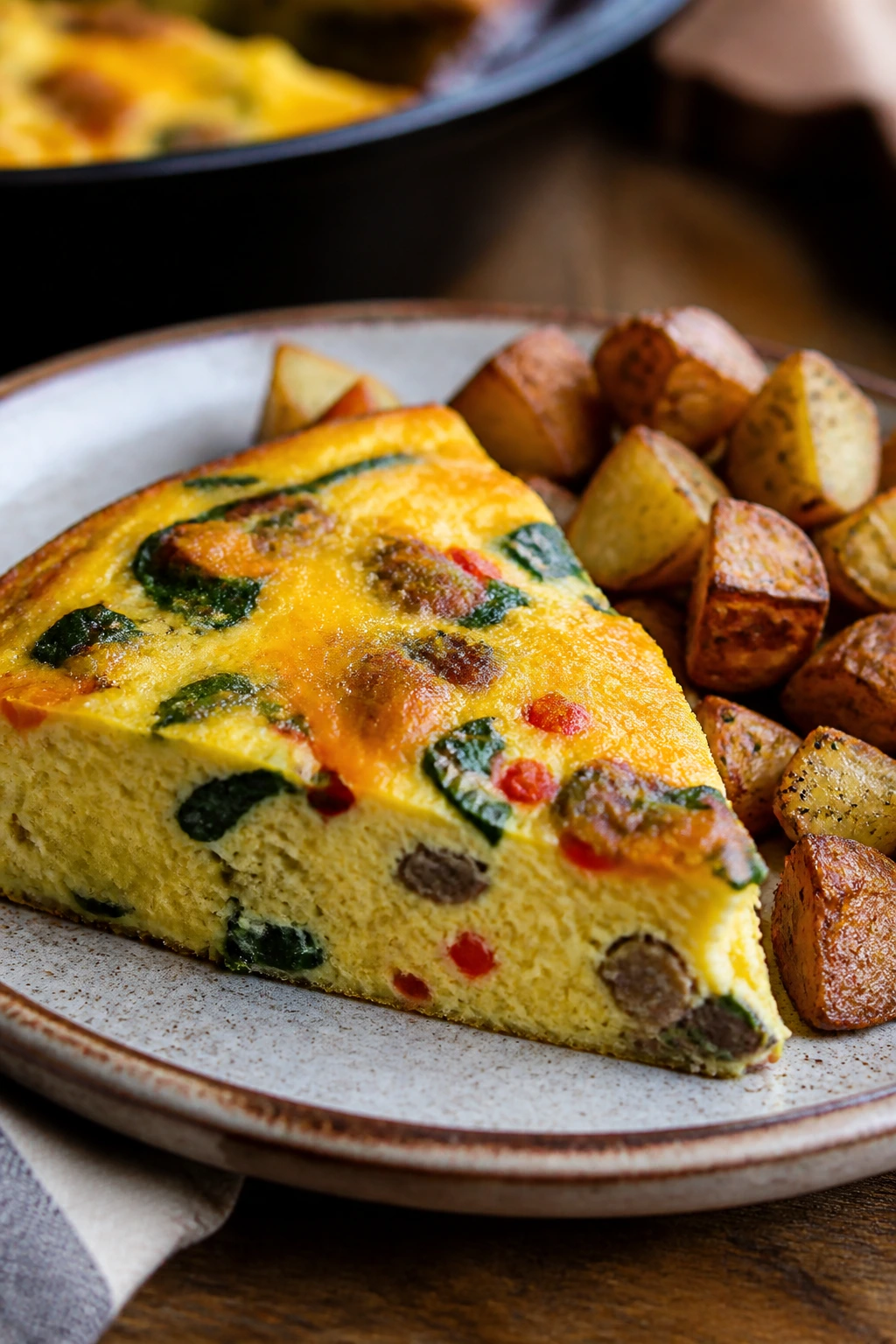 Frittata and roasted potatoes on a plate in a cozy kitchen