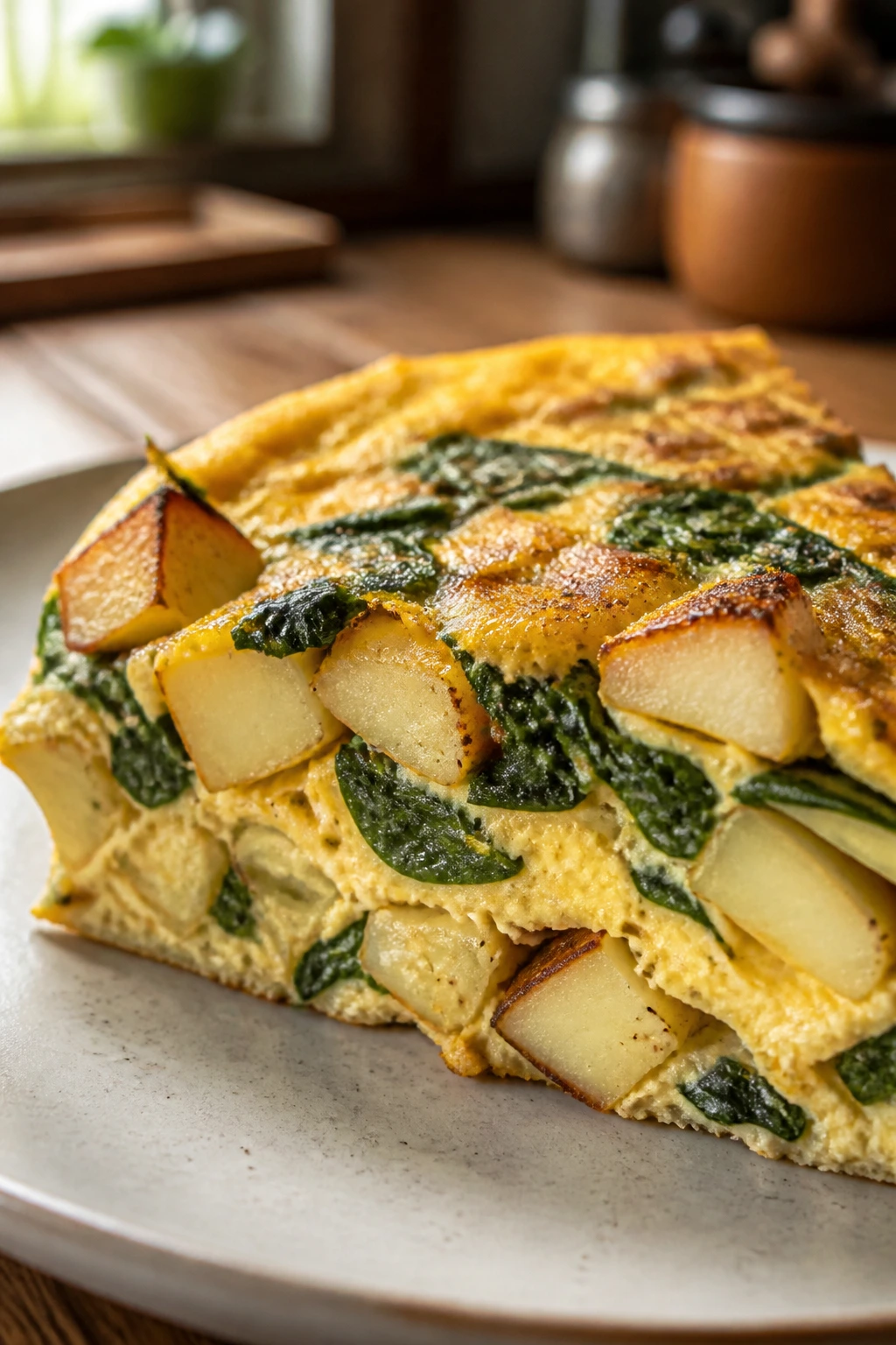 Close-up frittata with potatoes and greens on plate