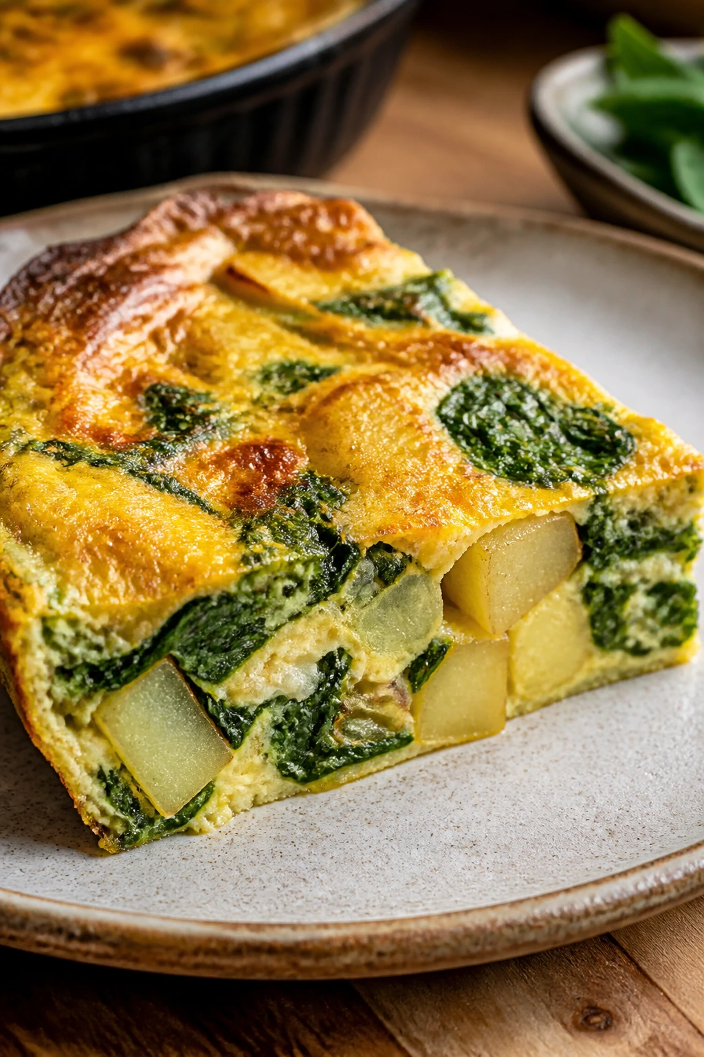 Close-up of frittata with potatoes and spinach on a plate