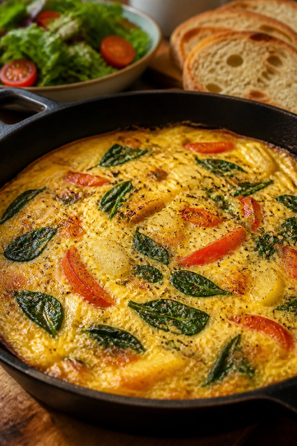 Close-up of frittata in a skillet with salad and bread