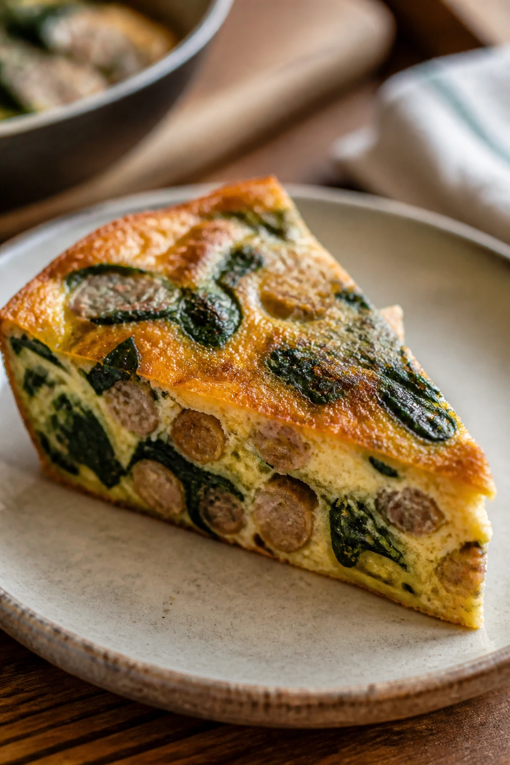 Close-up of sausage spinach frittata slice on plate