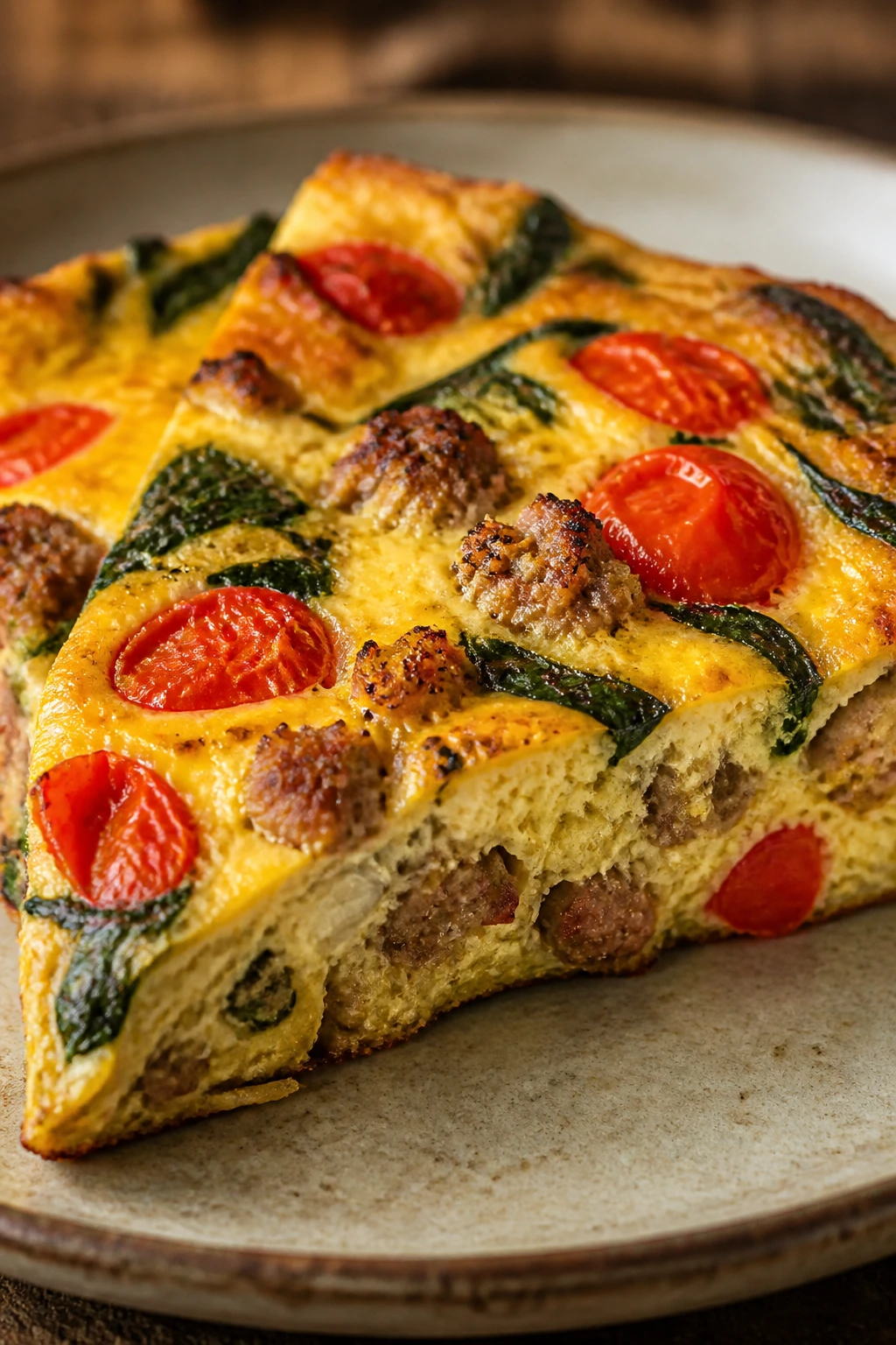 Slice of sausage tomato frittata on rustic plate