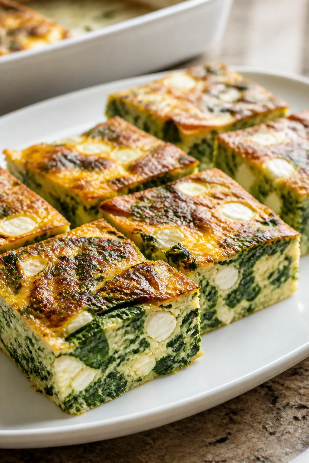 Close-up of spinach feta frittata squares on a plate in a cozy kitchen