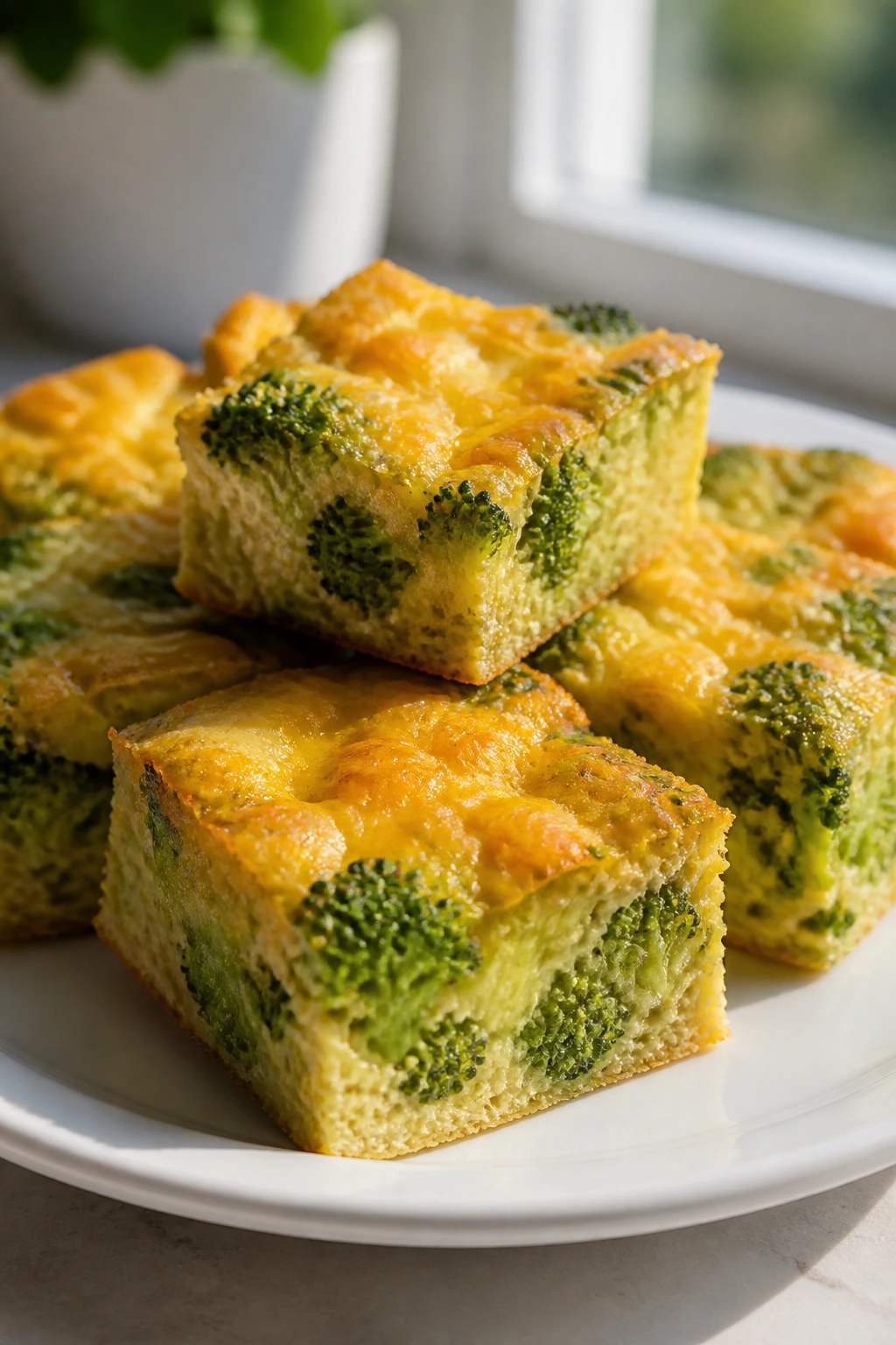Close-up of broccoli cheddar frittata squares on a plate in morning light.