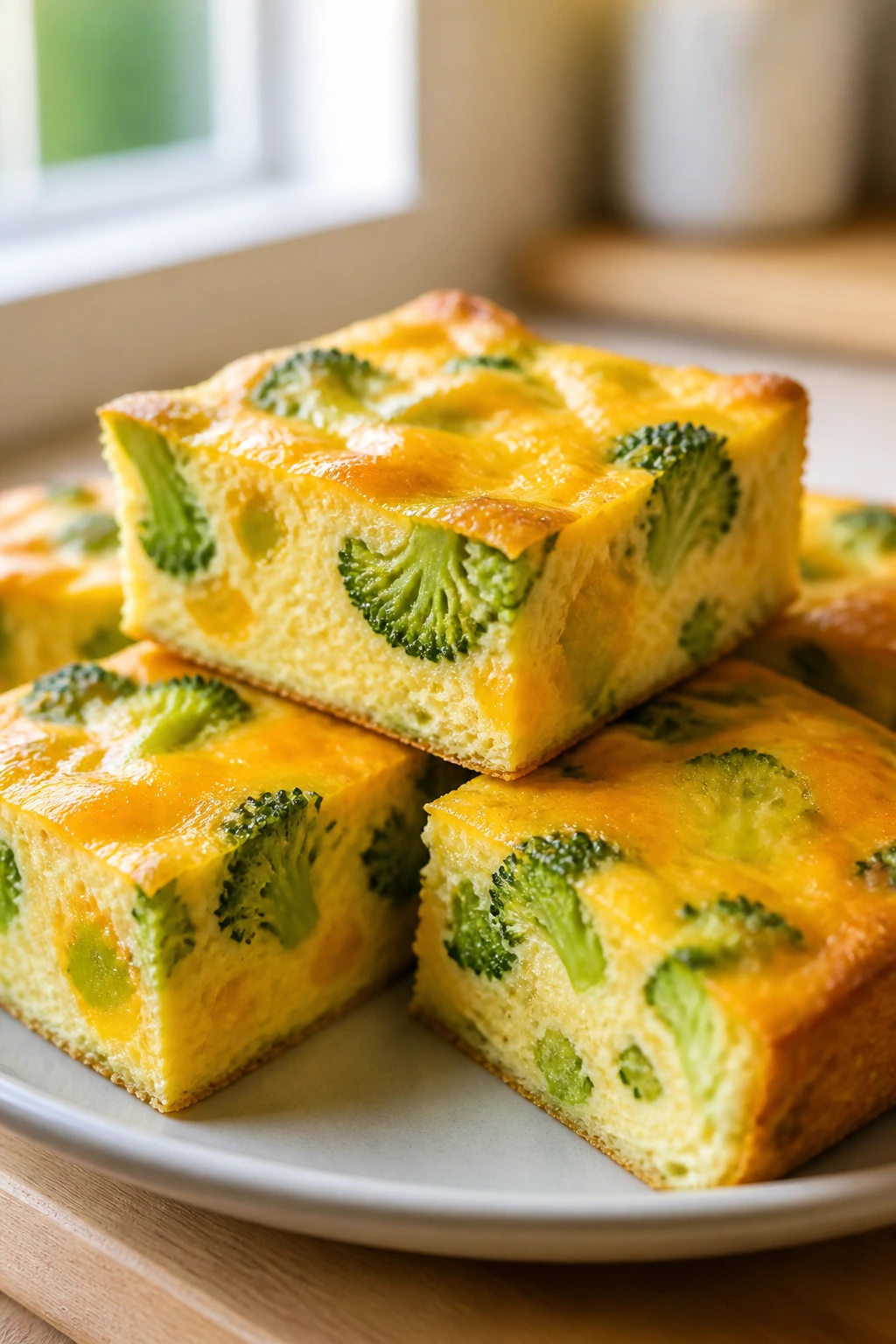 Close-up of broccoli cheddar frittata squares on a plate