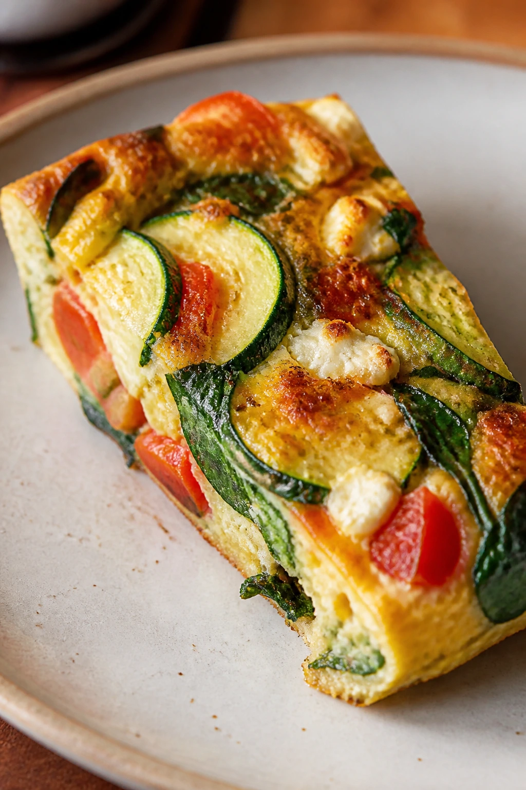 Slice of summer vegetable frittata with zucchini, spinach, tomatoes and goat cheese.