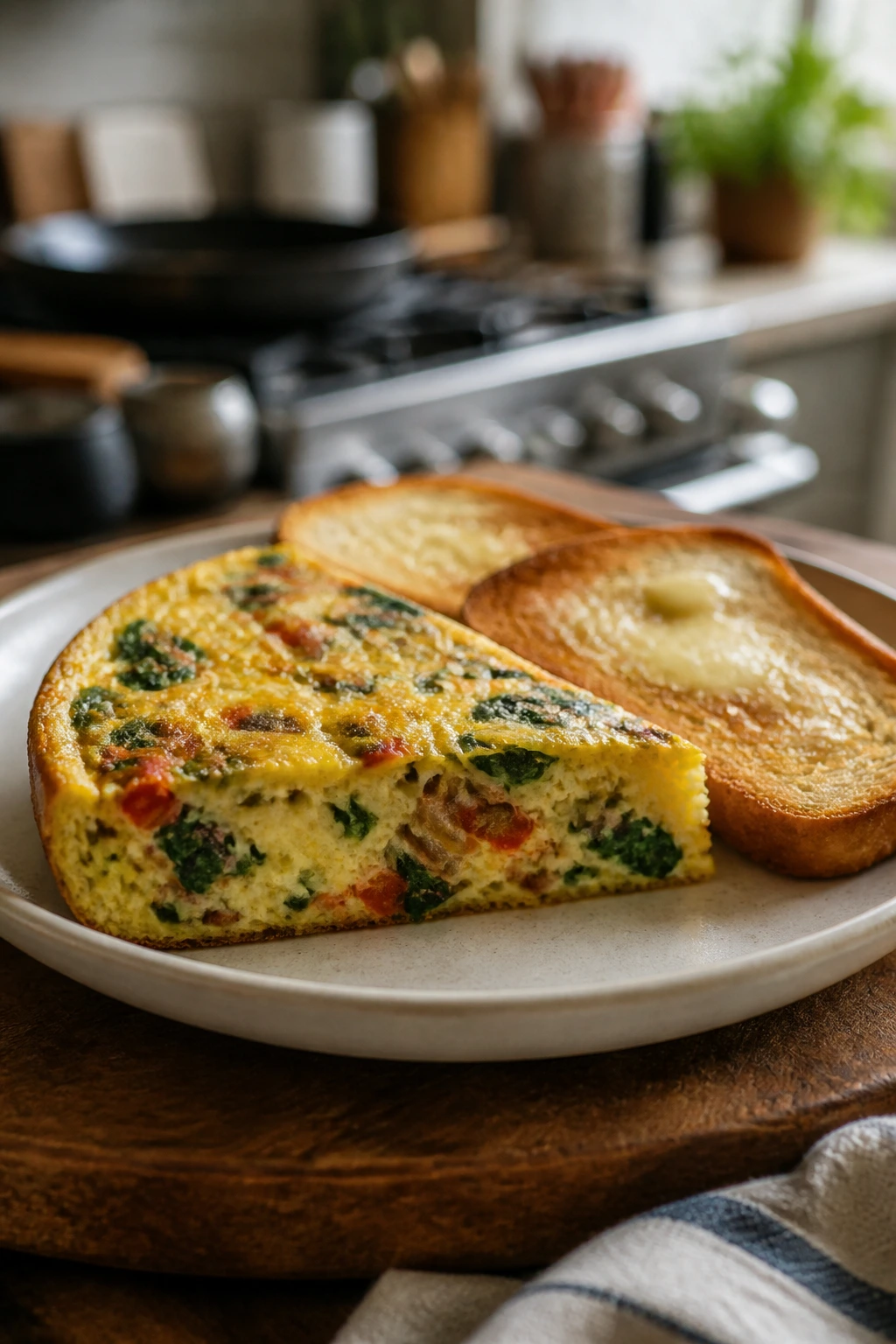 Close-up of veggie frittata slice with toast on a wooden board in a cozy kitchen