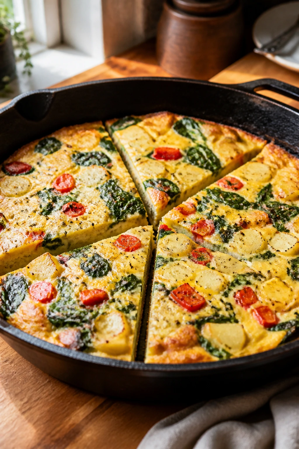 Close-up of a veggie-packed frittata in a skillet with potatoes, spinach, and red pepper