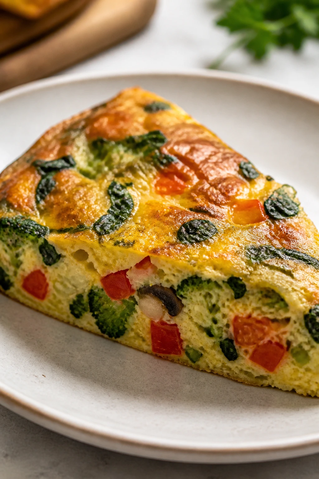 Vegetable-filled frittata slice on plate