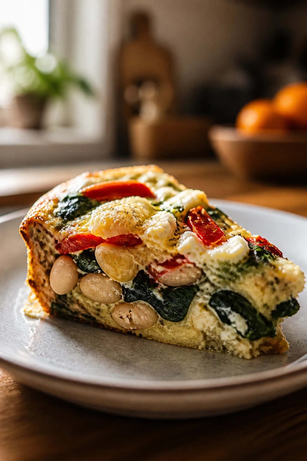 Close-up wedge of frittata with white beans and spinach
