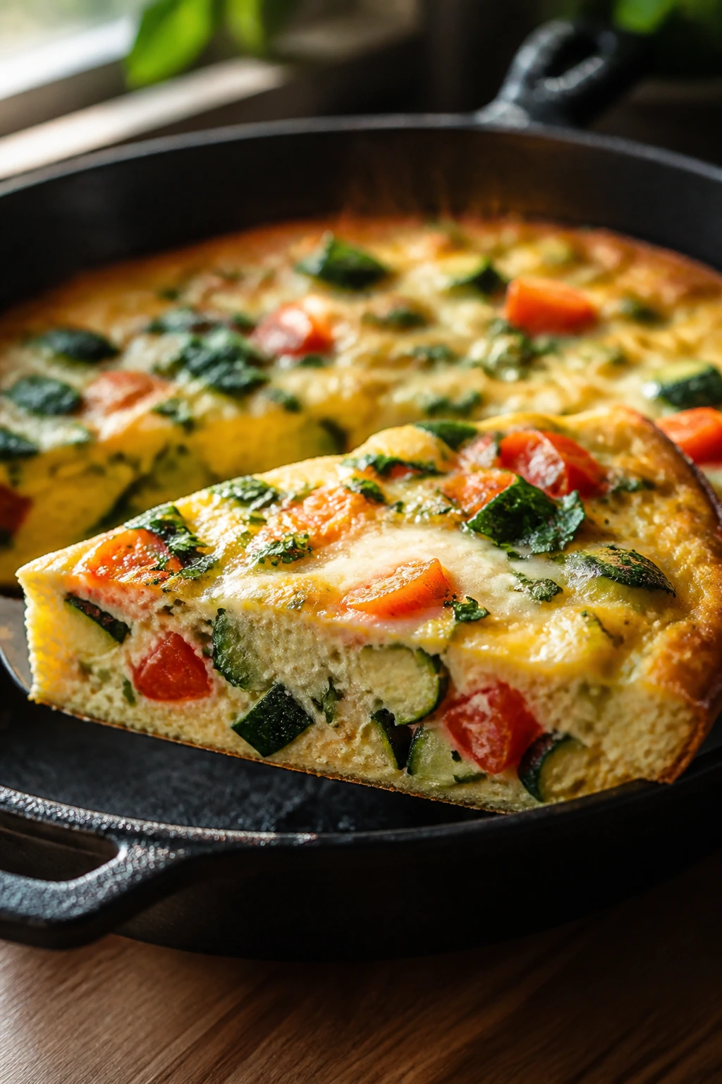 Close-up of a thick slice of summer vegetable frittata with zucchini and tomato on a rustic table