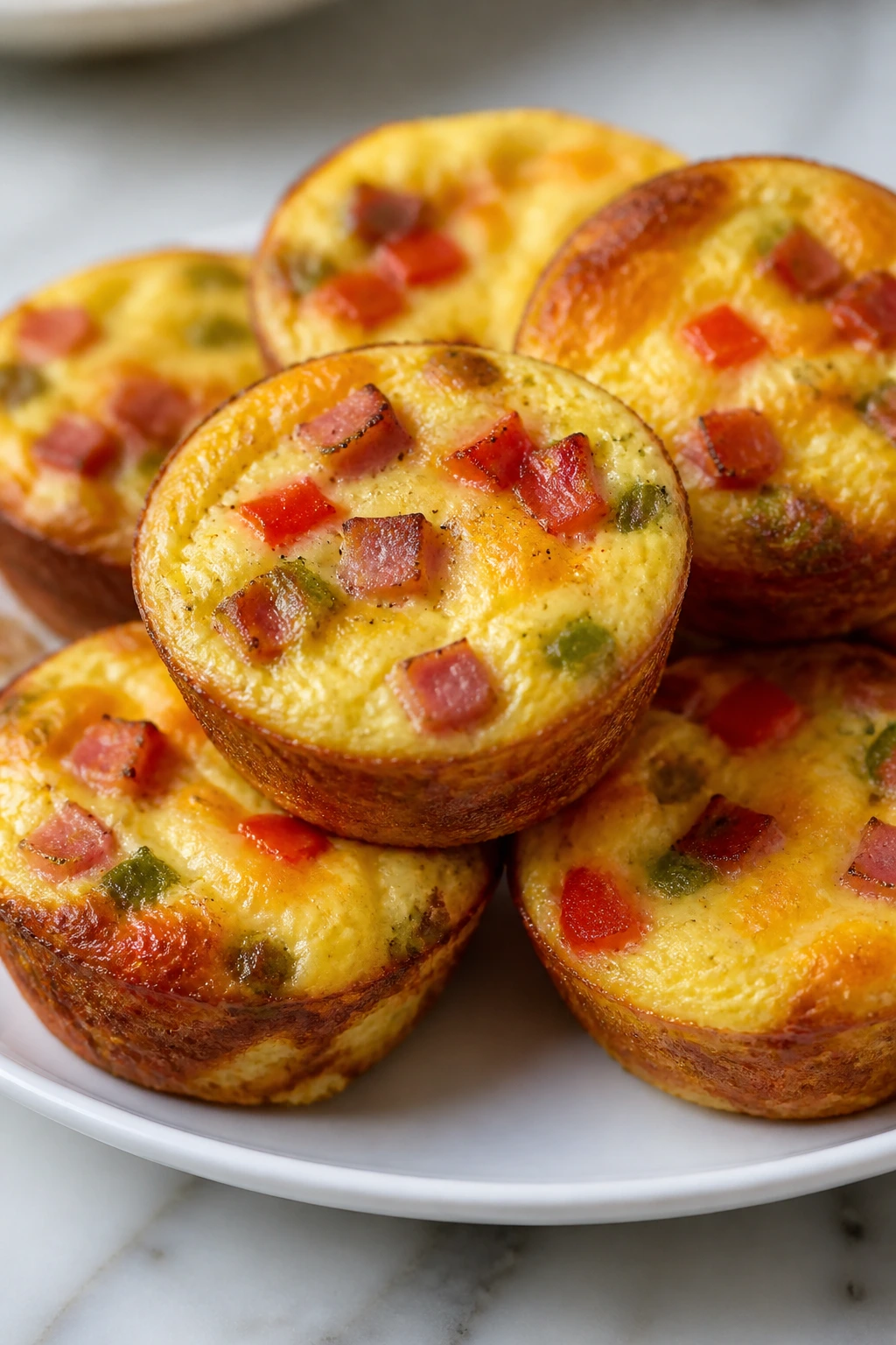 Close-up of ham and pepper mini frittatas on a white plate in a warm kitchen