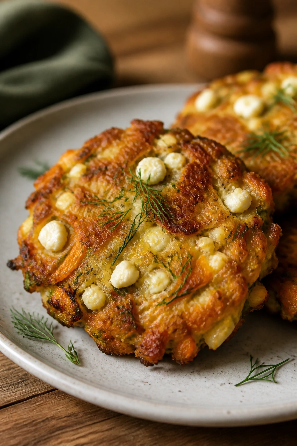 Fritter with feta and dill folded into the batter