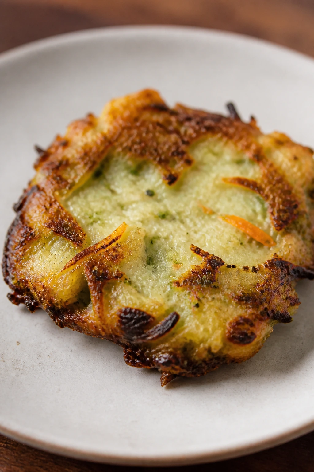 Fritter with pale center and uneven browning illustrating a mistake