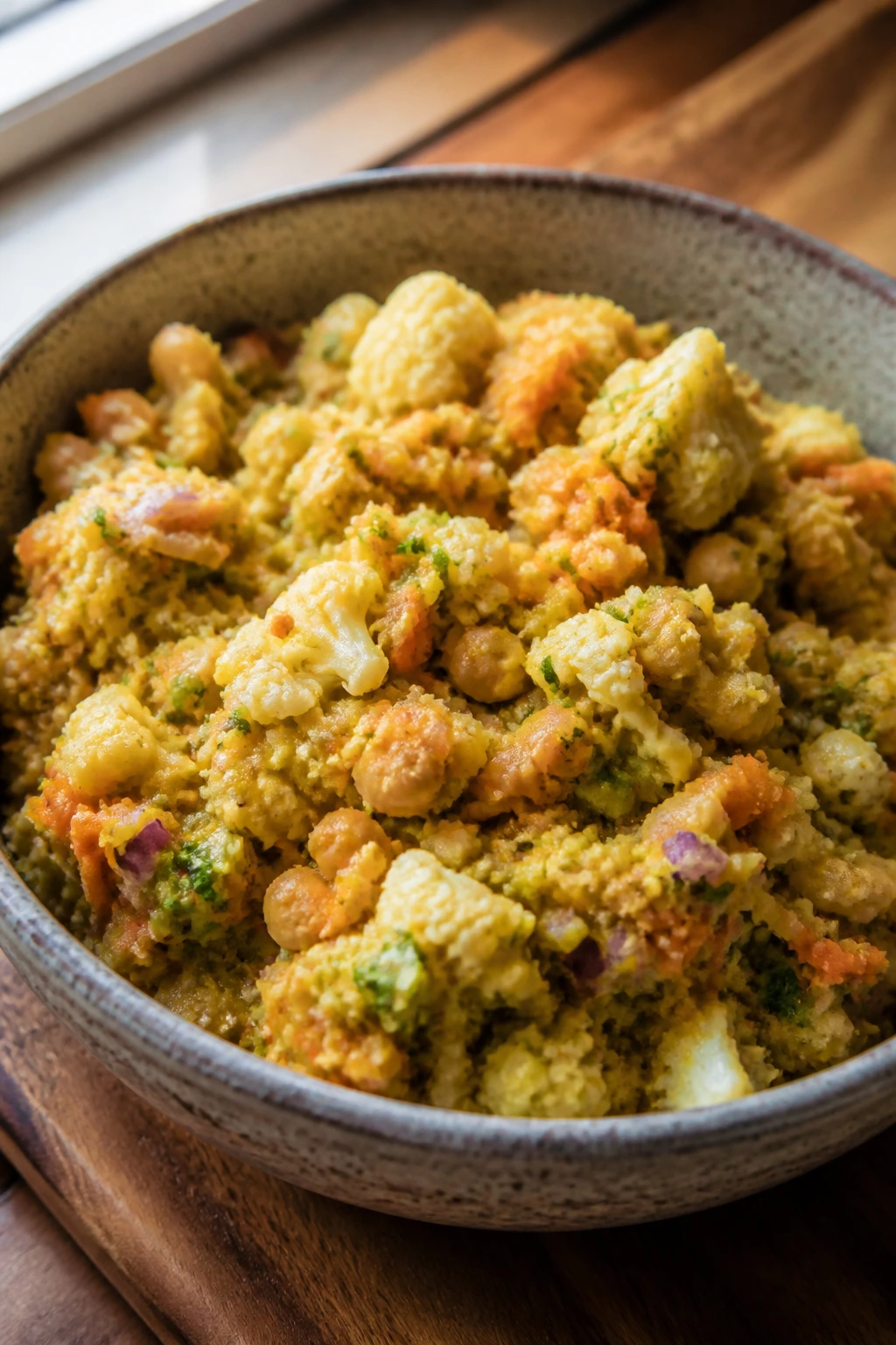 Close-up of textured fritter mixture in a rustic bowl with visible vegetables