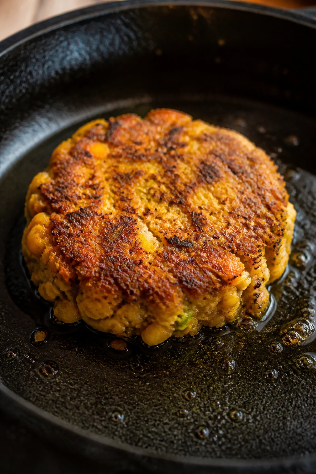 Golden fritter patty browning in a hot skillet