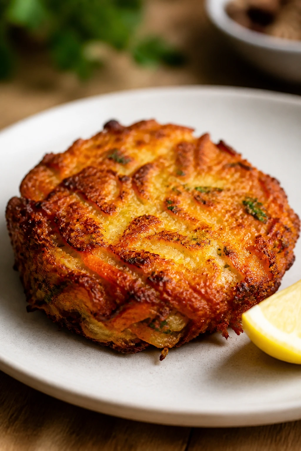 Crisp fritter on plate with lemon wedge